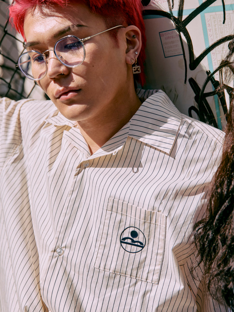 stripe open collar shirt