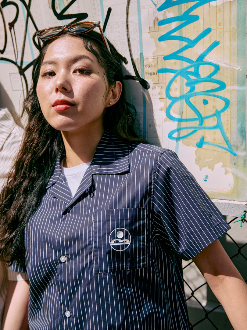 stripe open collar shirt