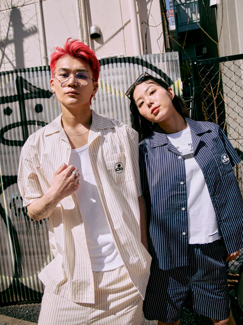 stripe open collar shirt