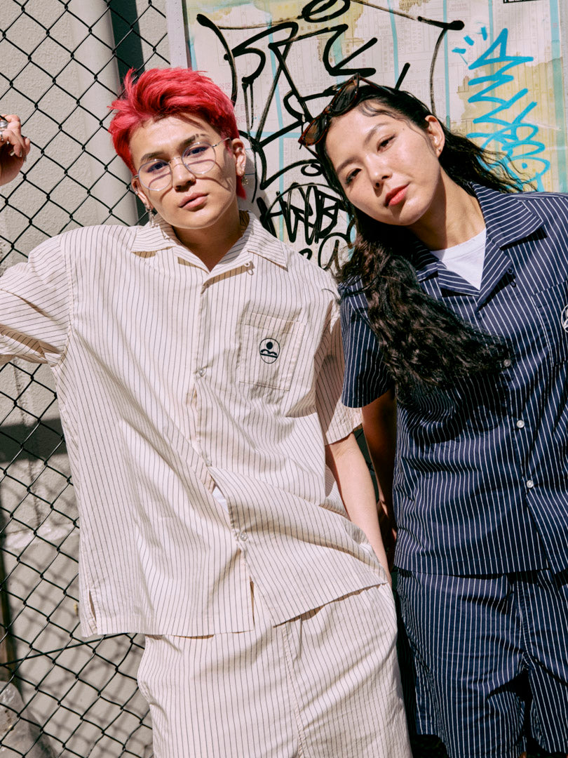 stripe open collar shirt