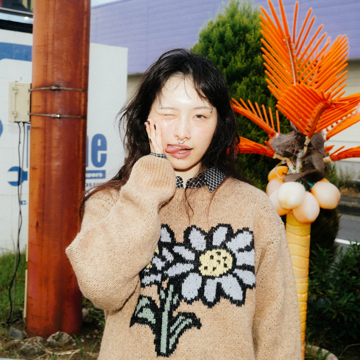 flower crew neck knit