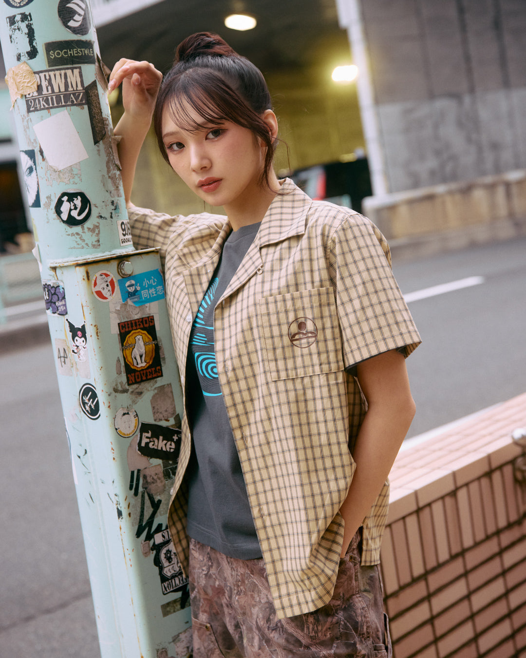 plaid open collar shirt