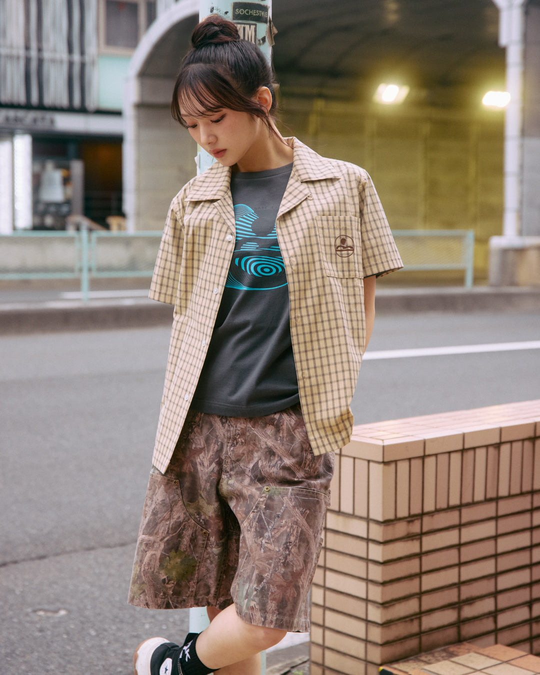 plaid open collar shirt